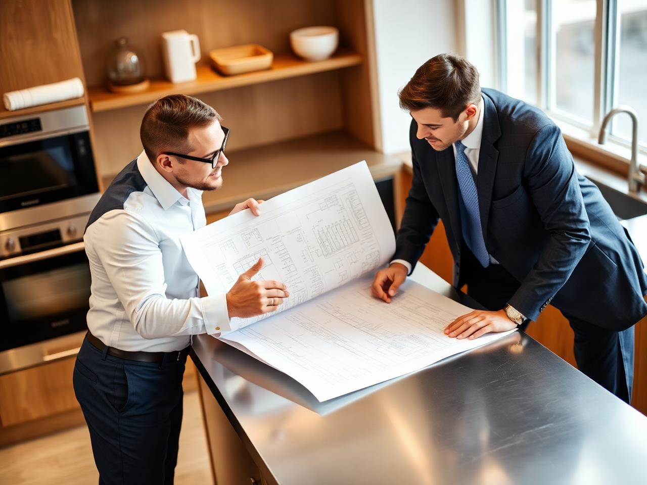 Two professionals reviewing kitchen blueprints